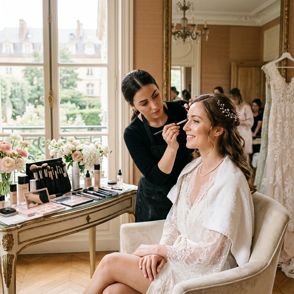 Bride receiving bridal hair and makeup styling at Dream Touch Salon